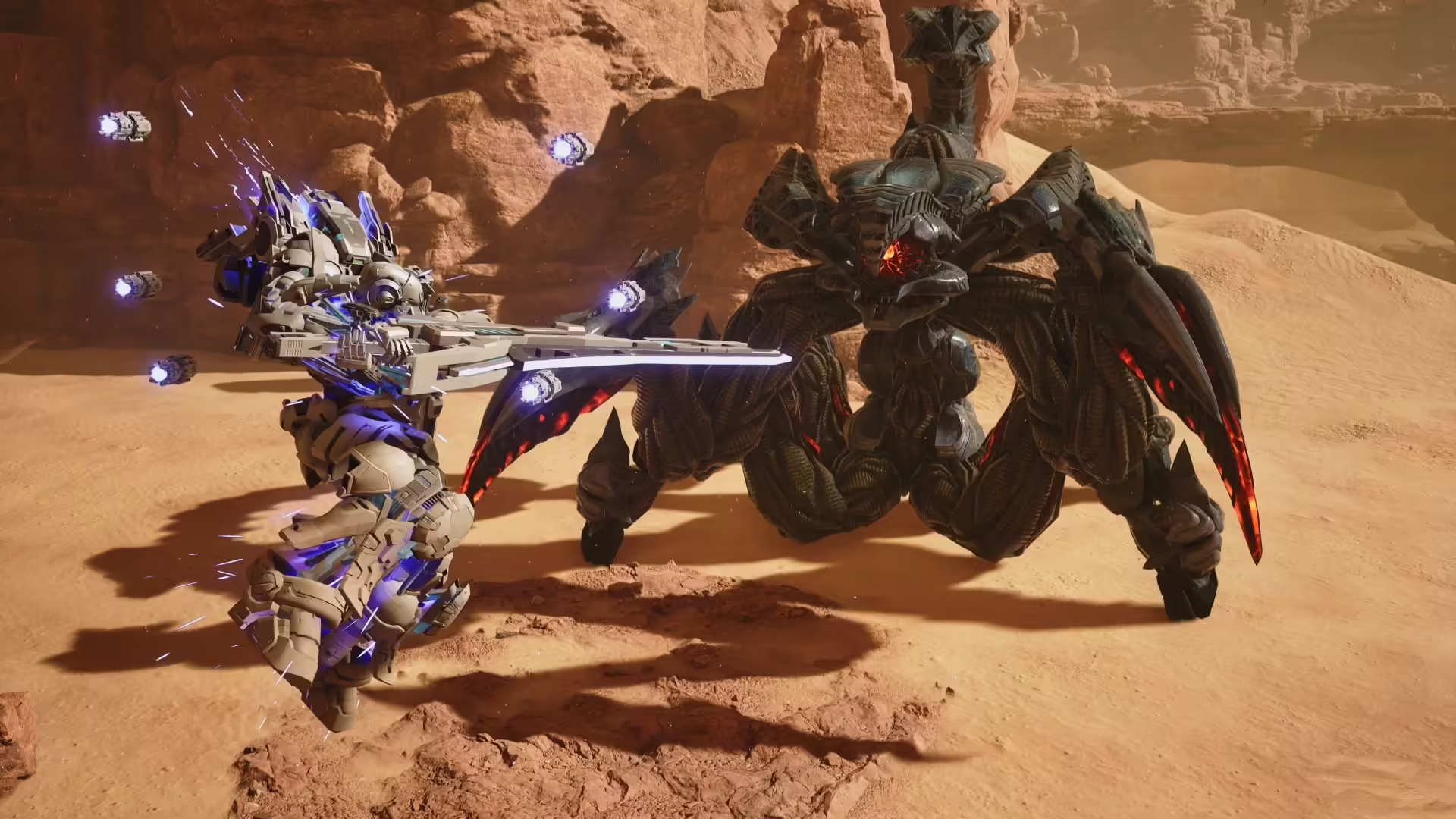 Immagine dal gameplay di Gundam Rogue Orbit che mostra un Mobile Suit personalizzato in azione contro un nemico massivo.