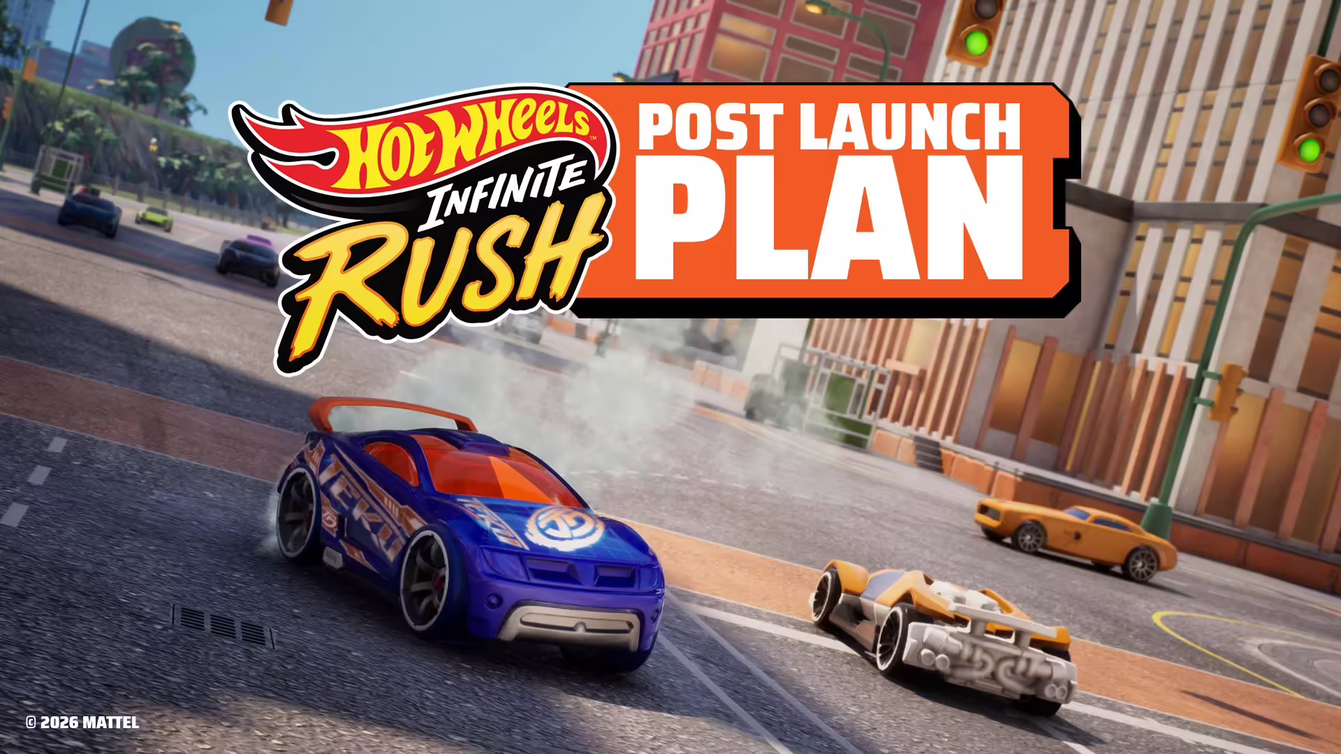 Un veicolo Hot Wheels sfreccia su una pista acrobatica in un ambiente dinamico