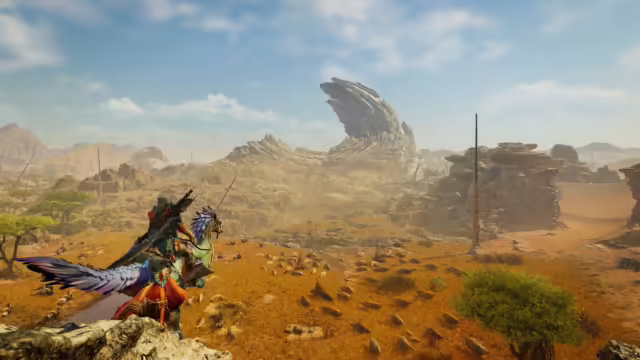 Un cacciatore affronta un mostro nelle Terre Proibite in Monster Hunter Wilds