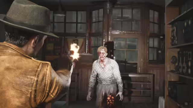 Screenshot di The Sinking City 2 che mostra il protagonista Calvin Rafferty in un ambiente urbano allagato, con l'interfaccia utente dell'aggiornamento 1.1.0.